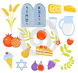 Shavuot icons set, flat style. Collection design elements on the Jewish holiday Shavuot with milk, fruit, torus, , wheat