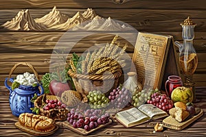 Shavuot scene with fruits, dairy, Torah scrolls, and Mount Sinai imagery on a wooden backdrop.