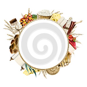 Shavuot symbols traditional food round gold frame watercolor illustration. Greeting template with Moses, stone tablets