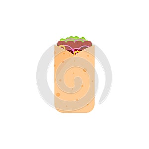 shawarma doner burito flat design vector illustration. Delicious Arabic roll with meat, salad, tomato. Kebab with chicken and