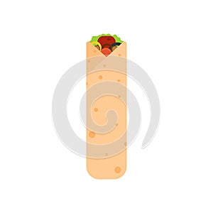 shawarma doner burito flat design vector illustration. Delicious Arabic roll with meat, salad, tomato. Kebab with chicken and