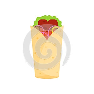 shawarma doner burito flat design vector illustration. Delicious Arabic roll with meat, salad, tomato. Kebab with chicken and