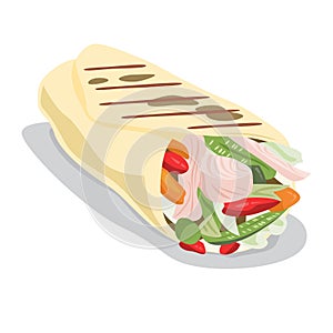 Shawarma food. Delicious roll with meat, salad and tomato