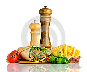 Shawarma with Fries Isolated on White Background