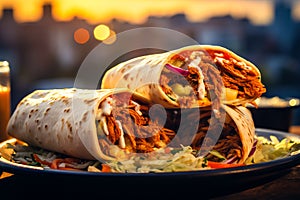 shawarma with grilled meat and salad tortilla wrap with white sauce served on plate