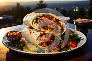 shawarma with grilled meat and salad tortilla wrap with white sauce served on plate