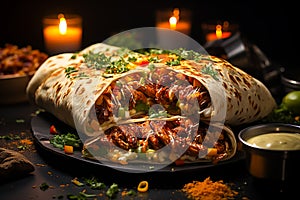 shawarma with grilled meat and salad tortilla wrap with white sauce served on plate