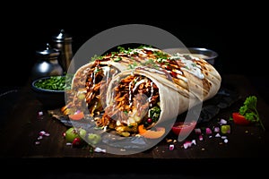 shawarma with grilled meat and salad tortilla wrap with white sauce served on stone board