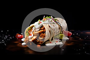 shawarma with grilled meat and salad tortilla wrap with white sauce served on the table