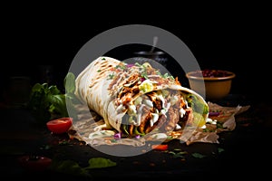 shawarma with grilled meat and salad tortilla wrap with white sauce served on the table