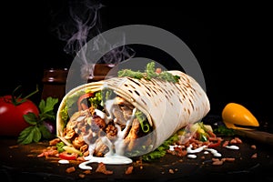 shawarma with grilled meat and salad tortilla wrap with white sauce served on the table