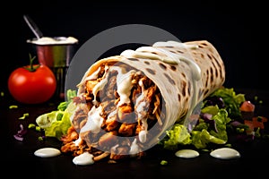 shawarma with grilled meat and salad tortilla wrap with white sauce served on the table