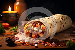 shawarma with grilled meat and salad tortilla wrap with white sauce served on the table