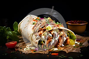 shawarma with grilled meat and salad tortilla wrap with white sauce served on the table