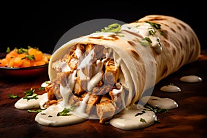 shawarma with grilled meat and salad tortilla wrap with white sauce served on the table