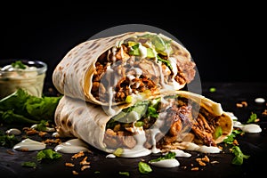 shawarma with grilled meat and salad tortilla wrap with white sauce served on the table