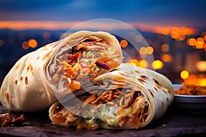 shawarma with grilled meat and salad tortilla wrap with white sauce served on the table