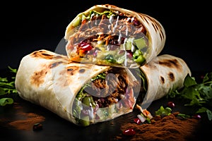 shawarma with grilled meat and salad tortilla wrap with white sauce served on the table