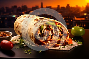 shawarma with grilled meat and salad tortilla wrap with white sauce served on the table