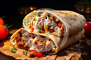 shawarma with grilled meat and salad tortilla wrap with white sauce served on the table