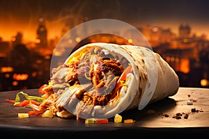 shawarma with grilled meat and salad tortilla wrap with white sauce served on the table