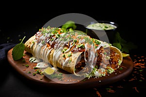 shawarma with grilled meat and salad tortilla wrap with white sauce served on wooden board