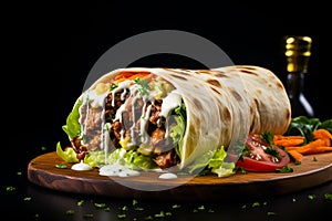 shawarma with grilled meat and salad tortilla wrap with white sauce served on wooden board