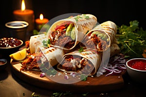 shawarma with grilled meat and salad tortilla wrap with white sauce served on wooden board