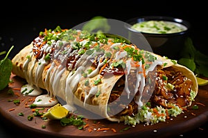 shawarma with grilled meat and salad tortilla wrap with white sauce served on wooden board