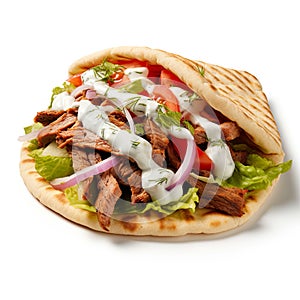 Shawarma or gyro, beautifully isolated against a pristine white background.