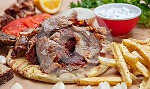 Shawarma, gyros pita. Traditional turkish, greek meat food on pita bread