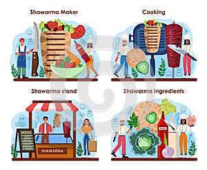 Shawarma maker concept set. Chef cooking delicious street food roll