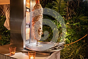 Shawarma meat at the international cuisine dinner outdoor setup at the tropical island restaurant