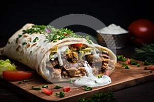 Shawarma. Meat, vegetables and salad are wrapped in pita bread. Side view