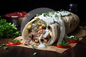 Shawarma. Meat, vegetables and salad are wrapped in pita bread. Side view