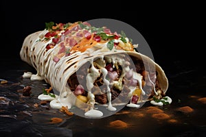 Shawarma. Meat, vegetables and salad are wrapped in pita bread. Side view