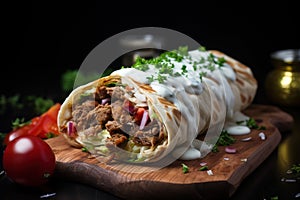 Shawarma. Meat, vegetables and salad are wrapped in pita bread. Side view