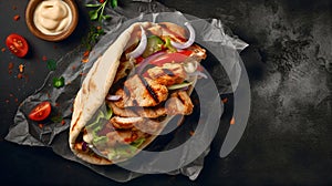 Shawarma pita bread with grilled chicken,