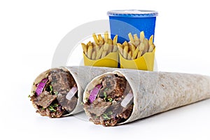 Shawarma sandwich fresh roll of, Grilled Meat and salad tortilla wrap with white sauce With Drink And Fries.