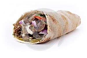 Shawarma sandwich fresh roll of, Grilled Meat and salad tortilla wrap with white sauce.