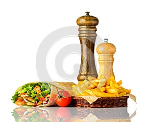 Shawarma Sandwich with Fries Isolated on White Background