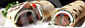 Shawarma sandwich gyro fresh roll or pita bread with grilled meat, cheese, cabbage, carrots, sauce, green on dark