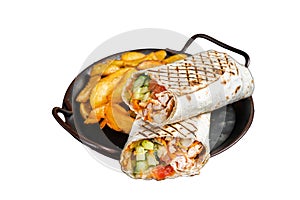 Shawarma Shaurma kebab with meat, vegetable salad and french fries. Isolated on white background.