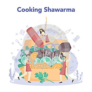 Shawarma street food concept. Chef cooking delicious roll