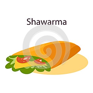 Shawarma street food concept. Delicious roll with meat, salad and