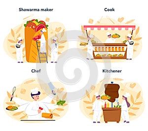 Shawarma street food concept set. Chef cooking delicious roll