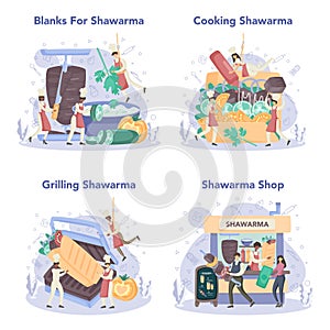 Shawarma street food concept set. Chef cooking delicious roll