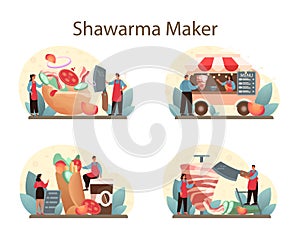 Shawarma street food concept set. Chef cooking delicious roll