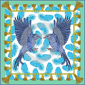 Shawl with blue birds on feather background
