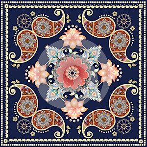 Shawl with red and orange flowers and paisley. Indian, russian,persian motives. Lovely tablecloth